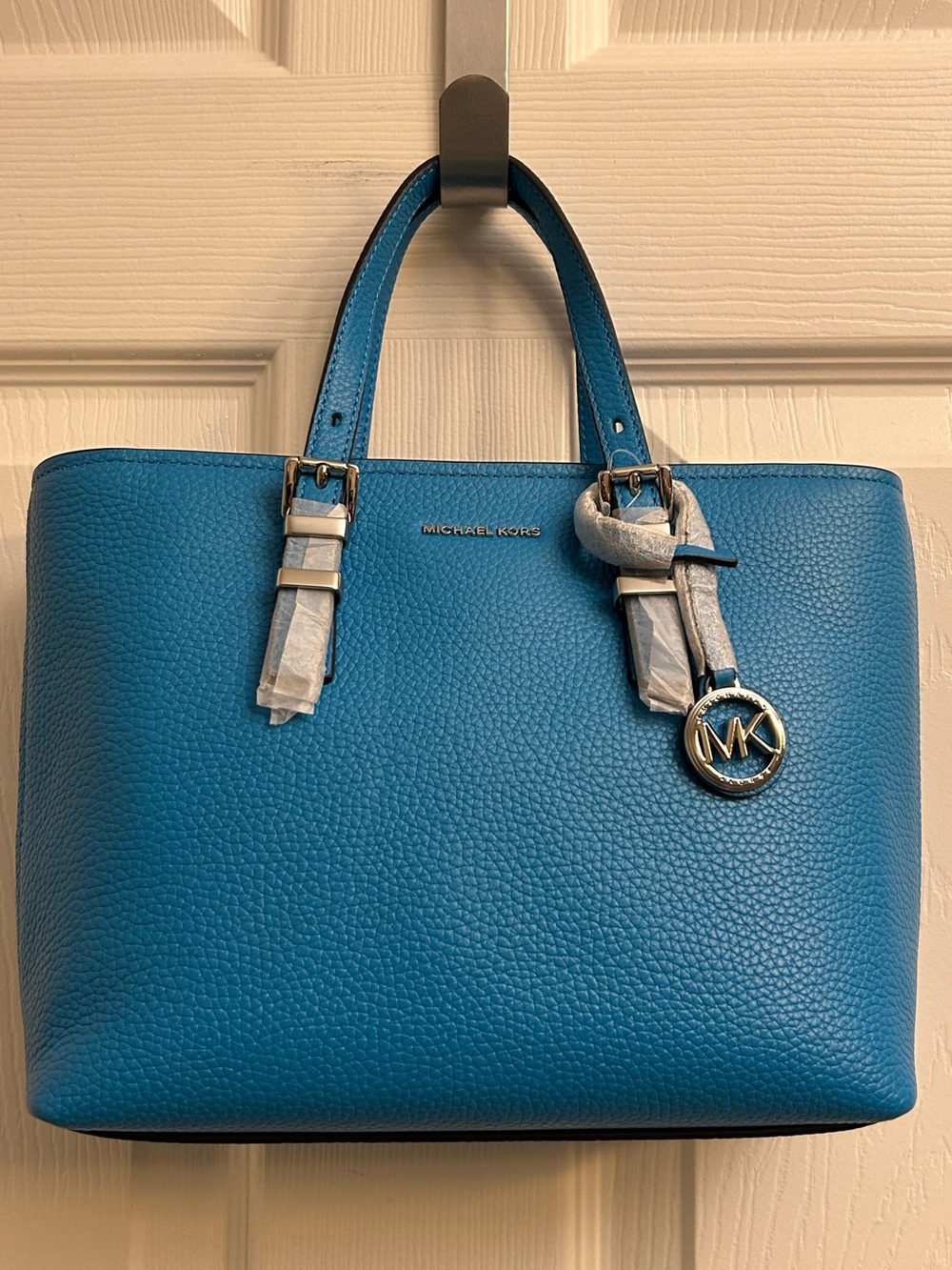 Michael Kors Pebbled Leather Tote in Turquoise Blue with MK Charm